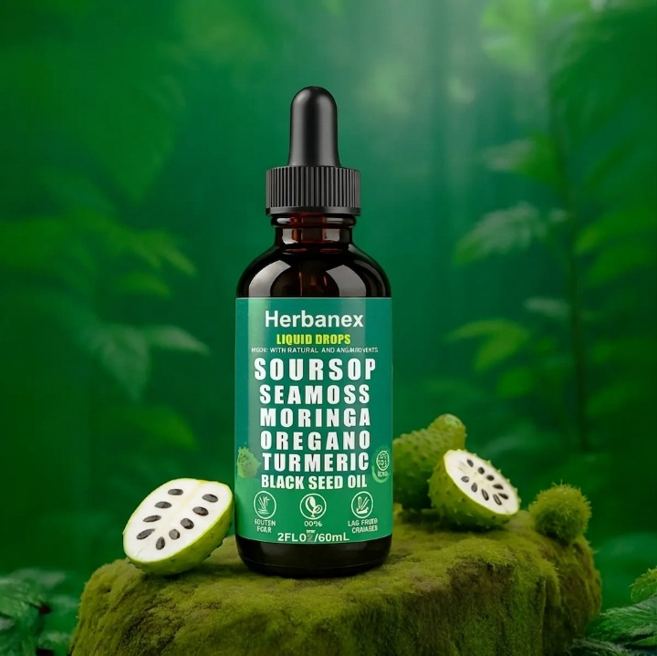 Herbanex bottle with green label on a green leafy background