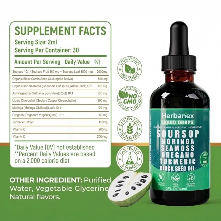 Herbanex Liquid Drops supplement bottle with label and ingredient list on a green background