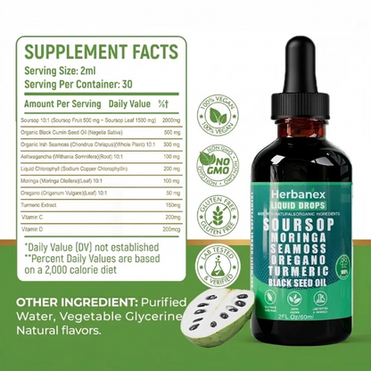 Herbanex Liquid Drops supplement bottle with label and ingredient list on a green background