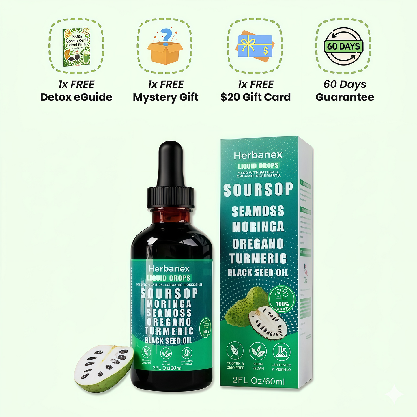 Herbanex Soursop Liquid Drops with packaging and promotional elements on a white background